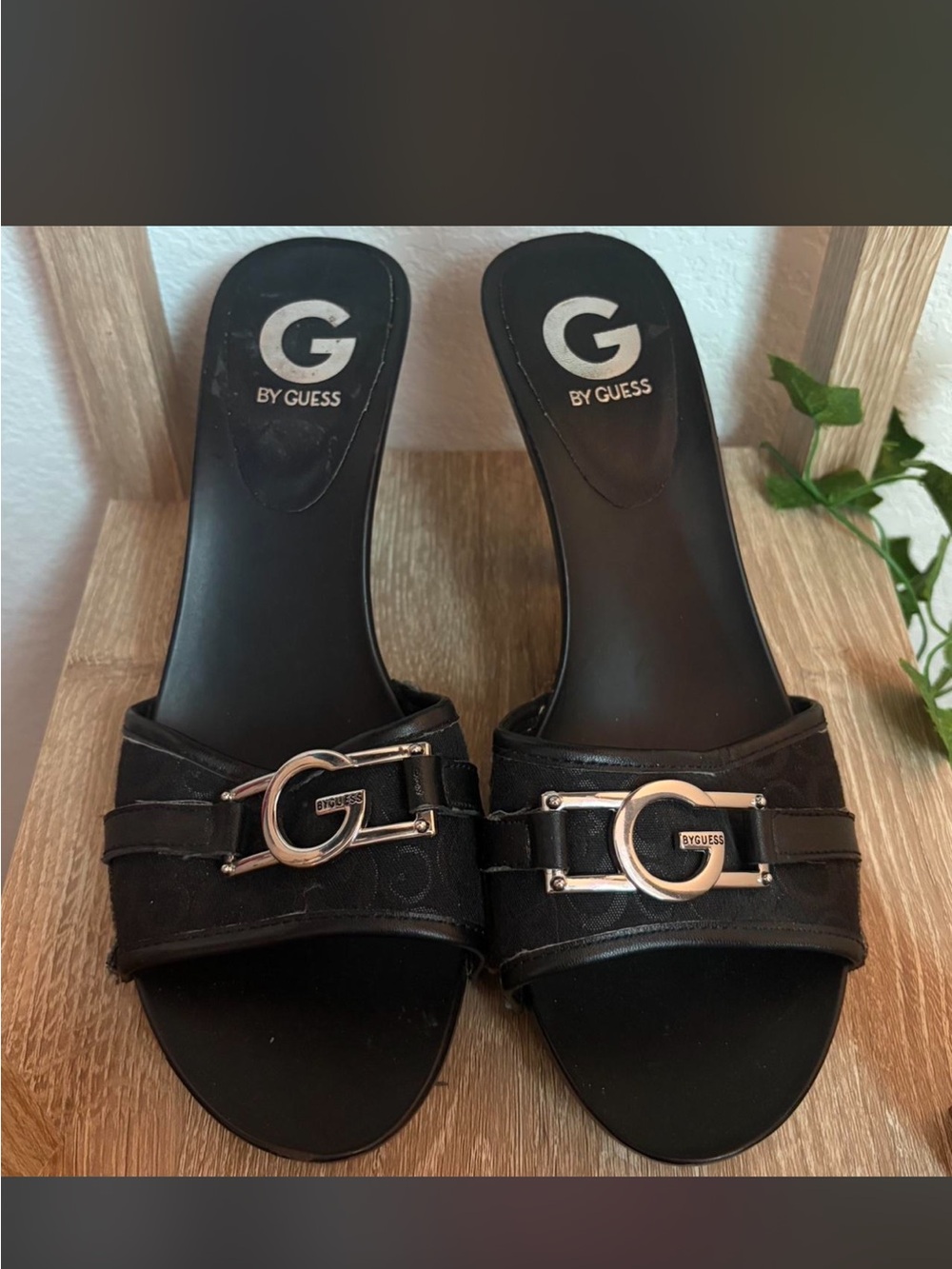 G by Guess Black Slide Mules with Silver G Hardware